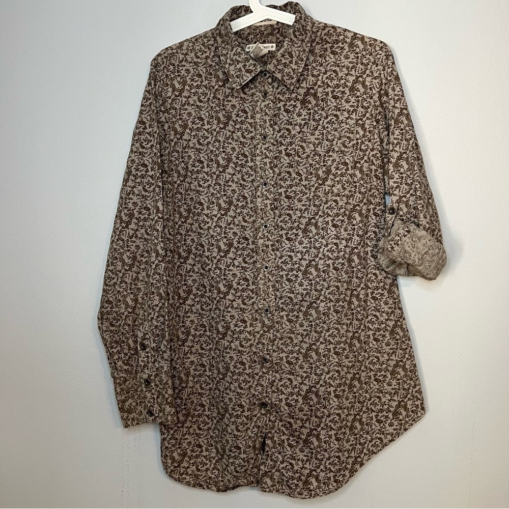 Ruff Hewn Size L 12 14 Gray Floral Cotton Long Sleeve Button Down Shirt Tunic